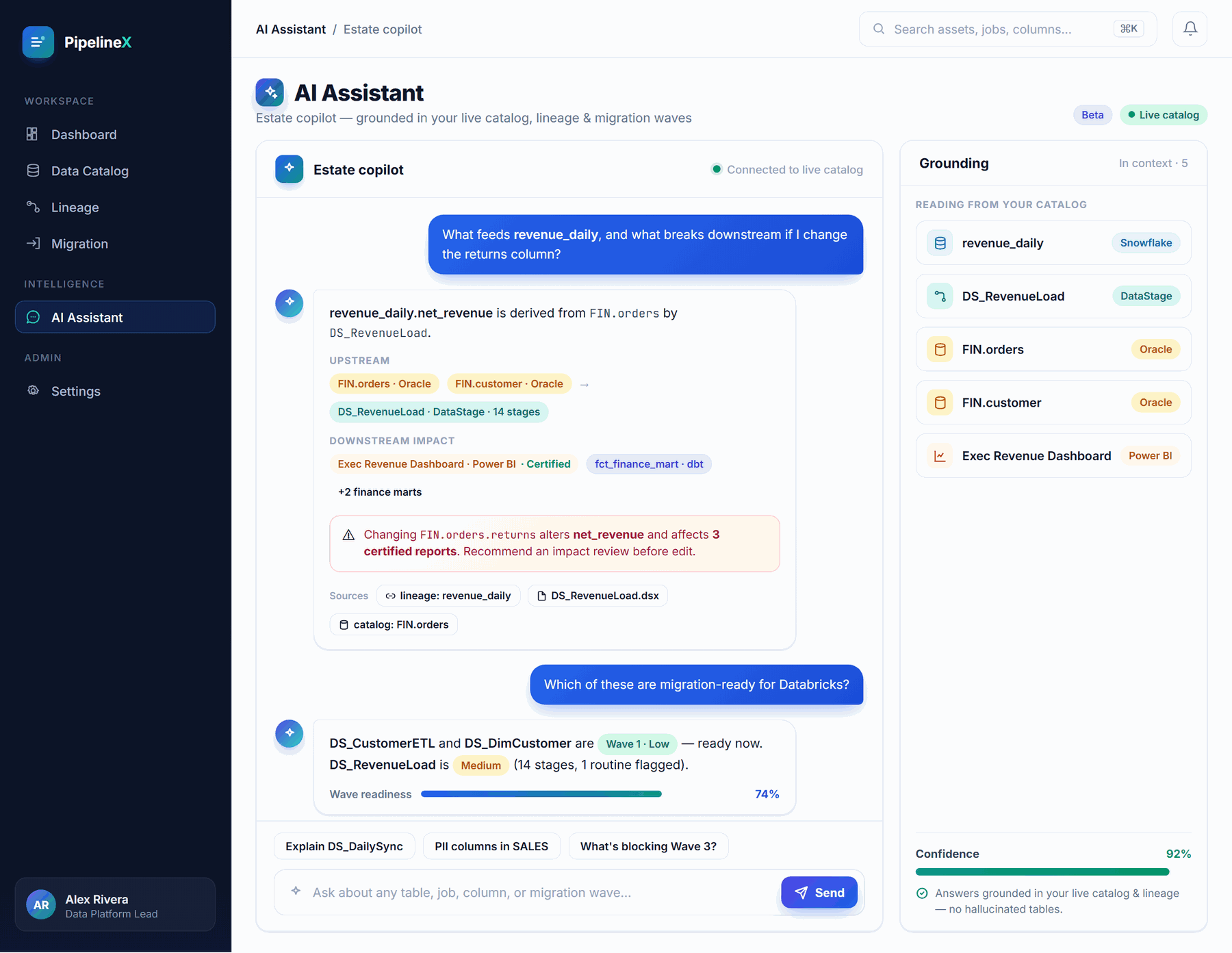 PipelineX AI Assistant tracing what feeds the revenue_daily table — upstream DataStage jobs, downstream BI reports, and column-level impact